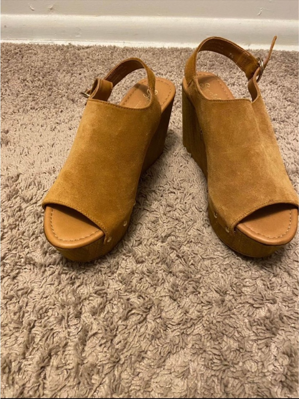 Seychelles Suede Slingback Wedge Sandals in Camel